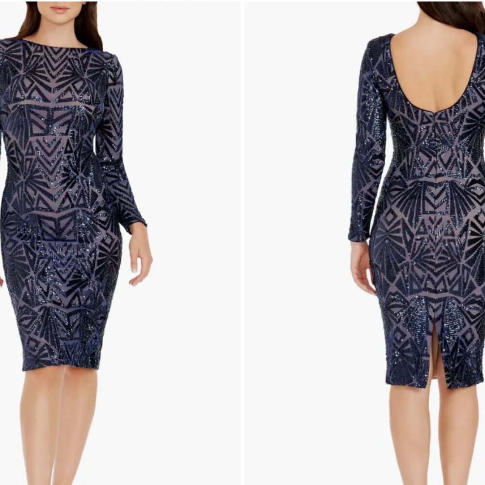 Dress the Population Navy Sequin Long Sleeve Sheath Dress